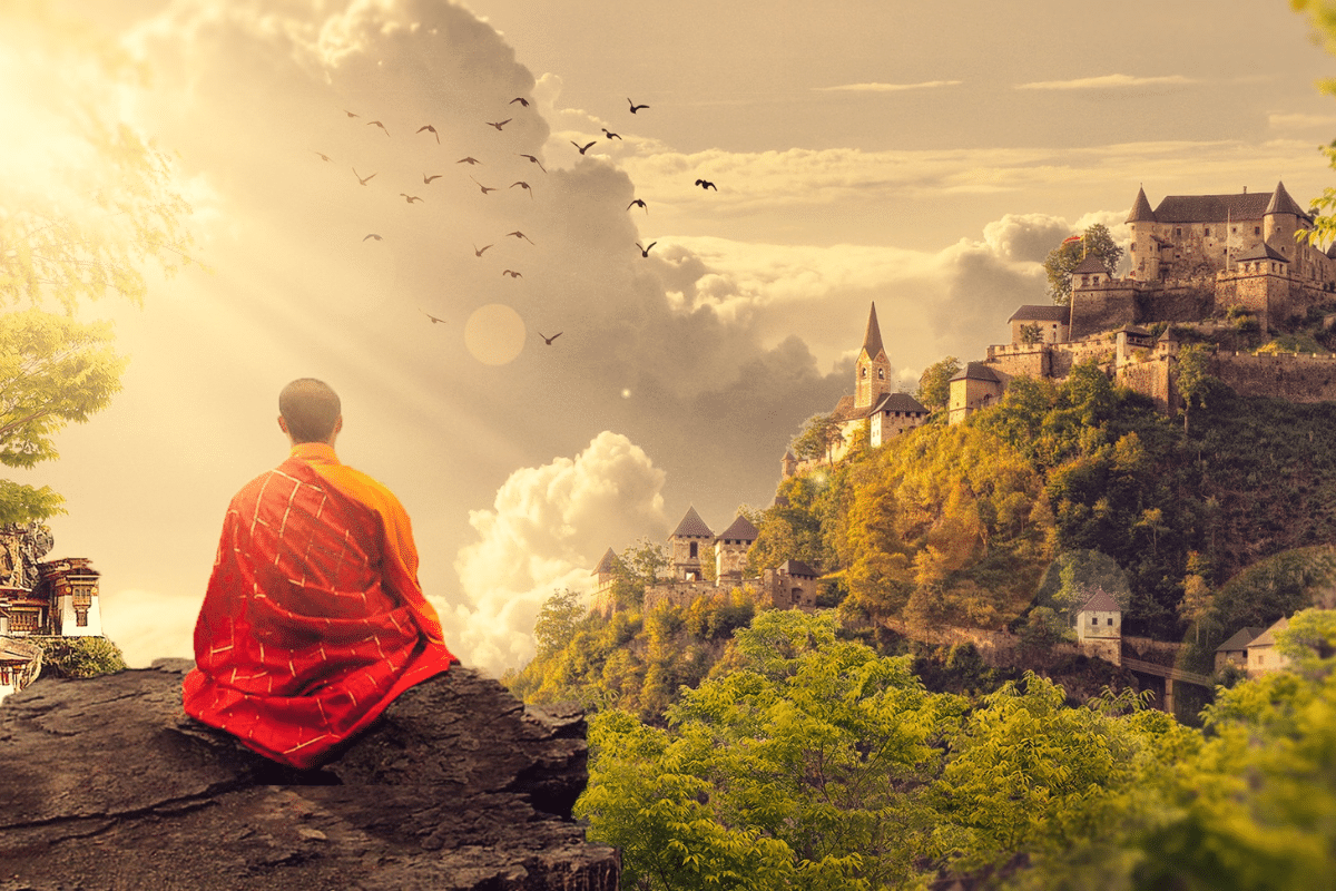 Meditácia pred budhistickým chrámom